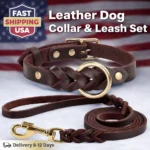 Leather Dog Collar and Leash Set – Genuine Braided Leather for Medium & Large Dogs